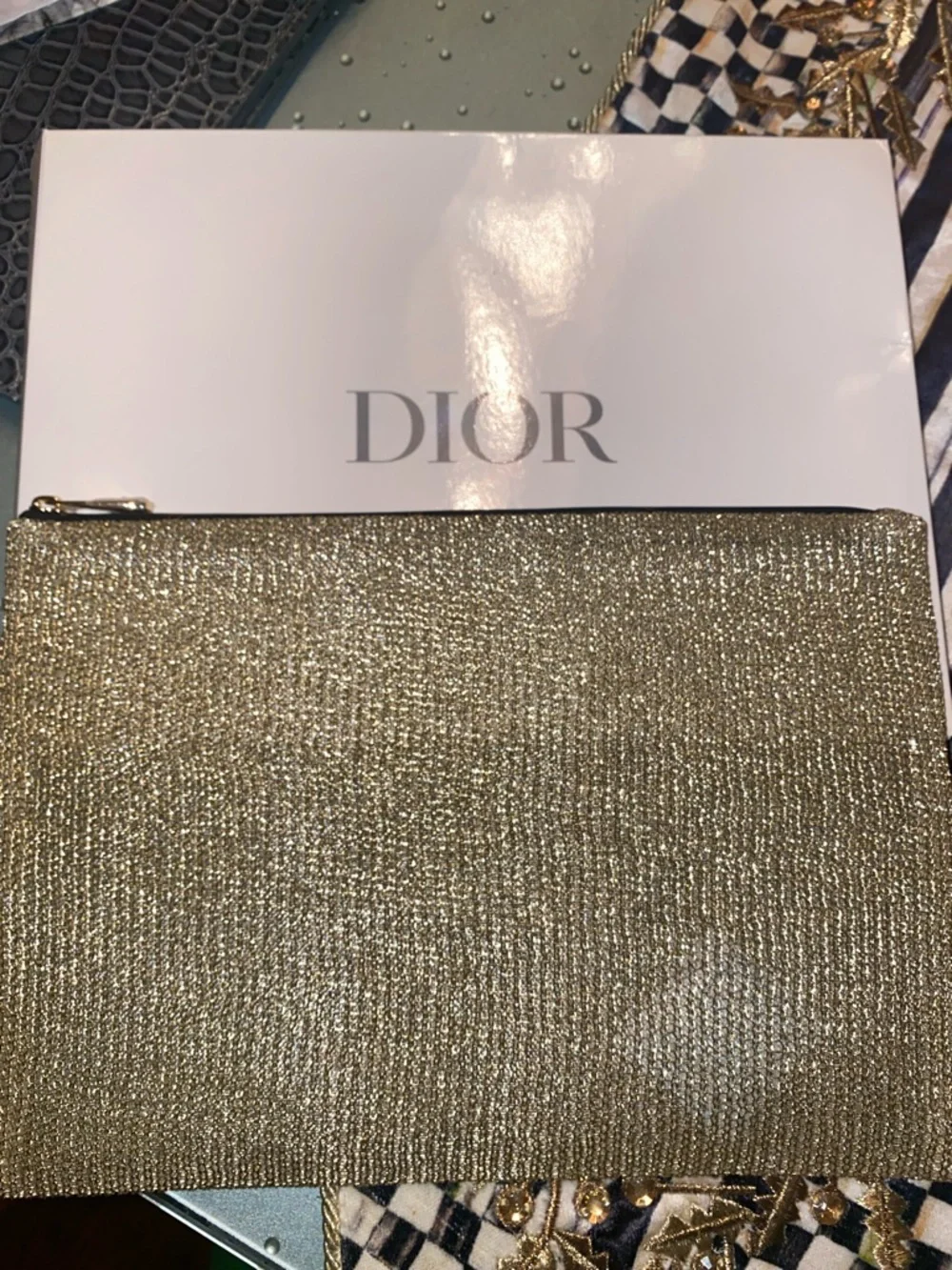 Dior Gold Glitter Zip Pouch new never used in box